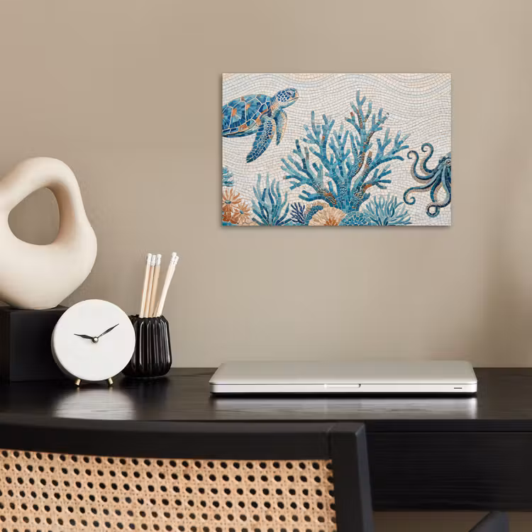 Dieren - Onderwater - Natuur - Mozaïek - Blauw poster papier klein -sfeer1