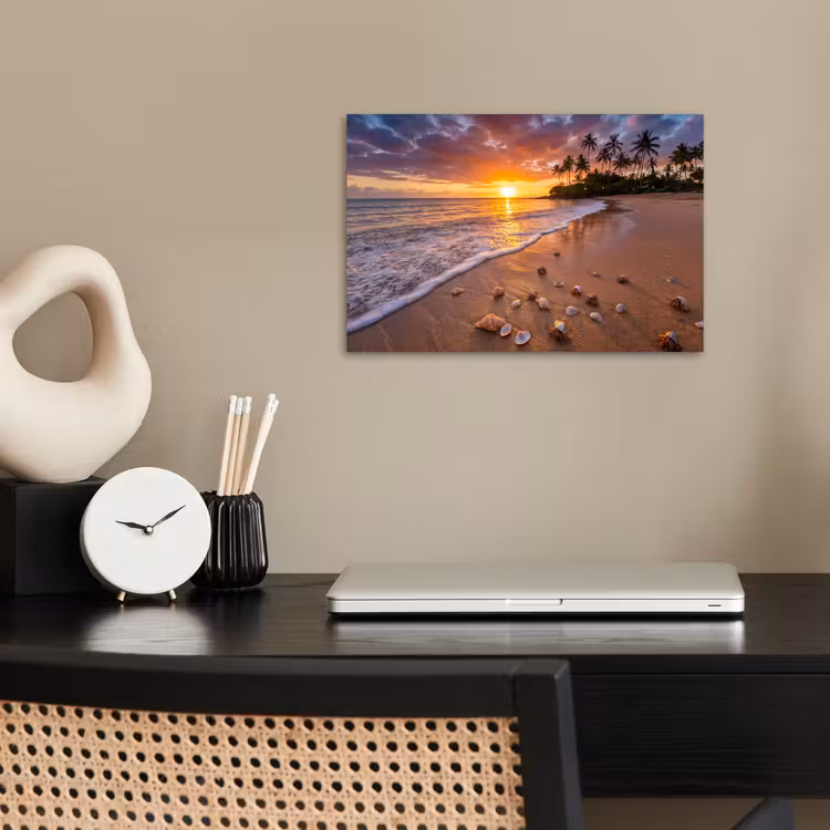 Strand - Zonsondergang - Palmbomen - Natuur - Oranje poster papier klein -sfeer1