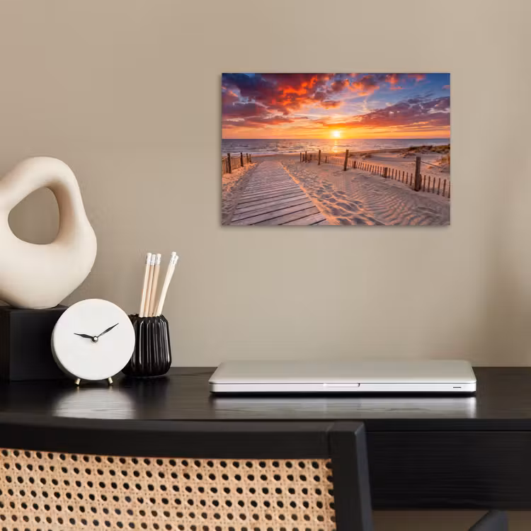 Strand - Zonsondergang - Zee - Natuur - Oranje poster papier klein -sfeer1