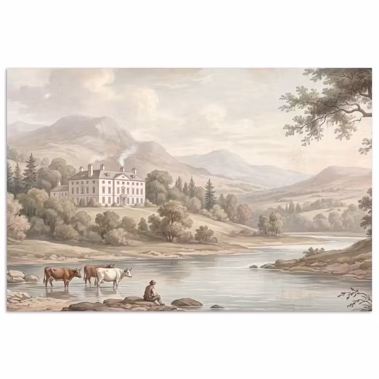 Landhuis - Rivier - Vee poster papier klein -3d
