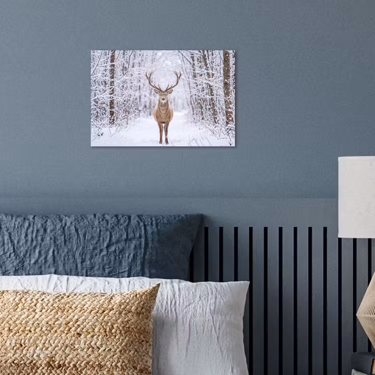 Hert - Winter - Bos - Natuur - Wit poster papier klein -sfeer2