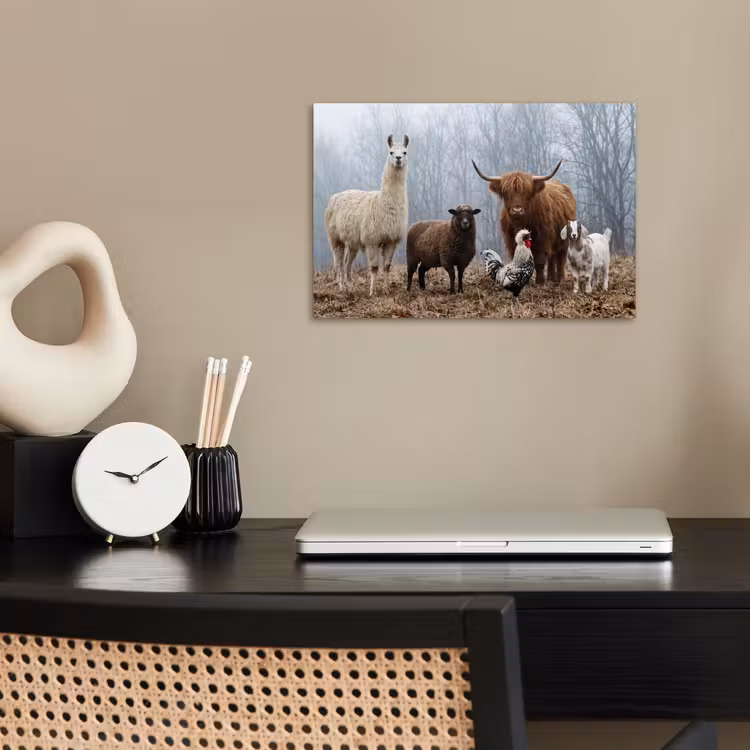 Boerderijdieren - Groep - Mist - Natuur - Rustiek poster papier klein -sfeer1