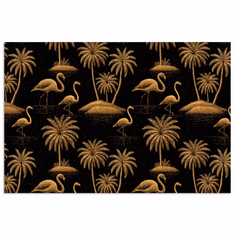 Flamingo - Palmbomen - Tropisch - Goud - Zwart poster papier klein 62 -3d