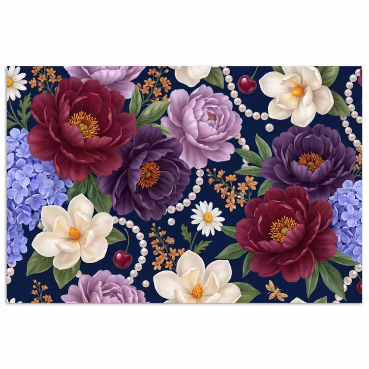 Bloemen - Parels - Decoratie - Modern - Blauw poster papier klein -3d