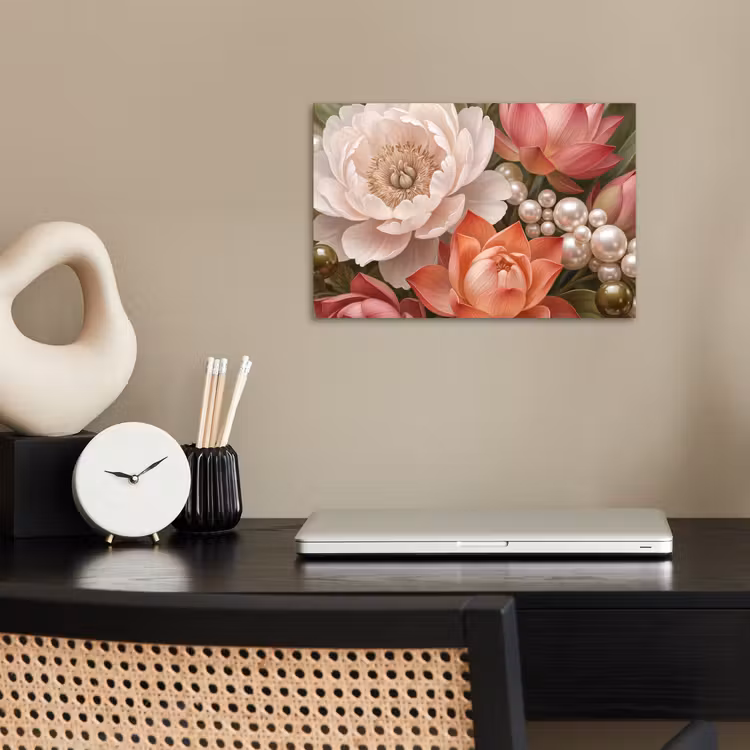 Bloemen - Parels - Elegant - Roze - Wit poster papier klein -sfeer1