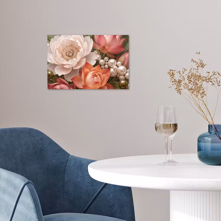 Bloemen - Parels - Elegant - Roze - Wit poster papier klein -sfeer3