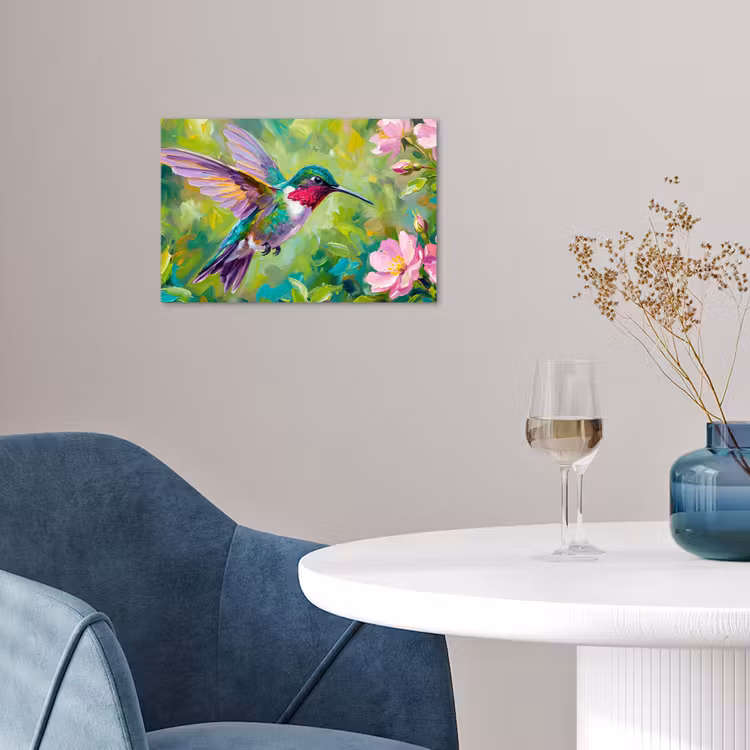Kolibrie - Bloemen - Natuur - Kleurrijk poster papier klein -sfeer3