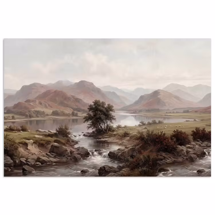 Berglandschap - Meer - Bergen - Vallei - Klassiek poster papier klein -3d