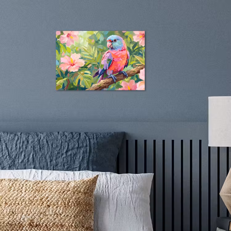 Papagaai - Hibiscusbloemen - Kleurrijk poster papier klein -sfeer2