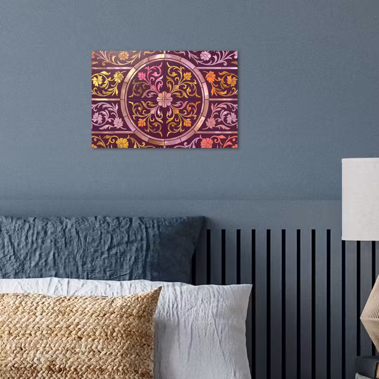 Patroon - Floraal - Oosters - Paars - Goud poster papier klein -sfeer2