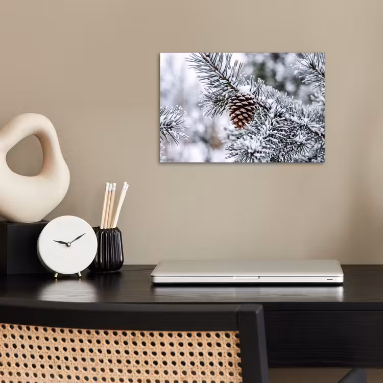 Dennenappel - Tak - Sneeuw - Winter - Sfeervol poster papier klein -sfeer1