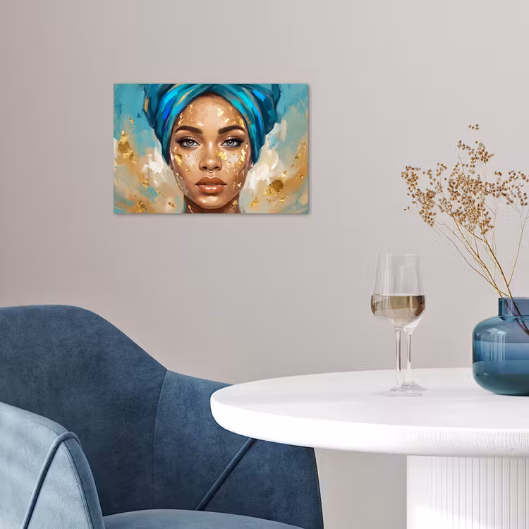 Portret - Vrouw - Schilderij - Blauw - Goud - Expressief poster papier klein -sfeer3
