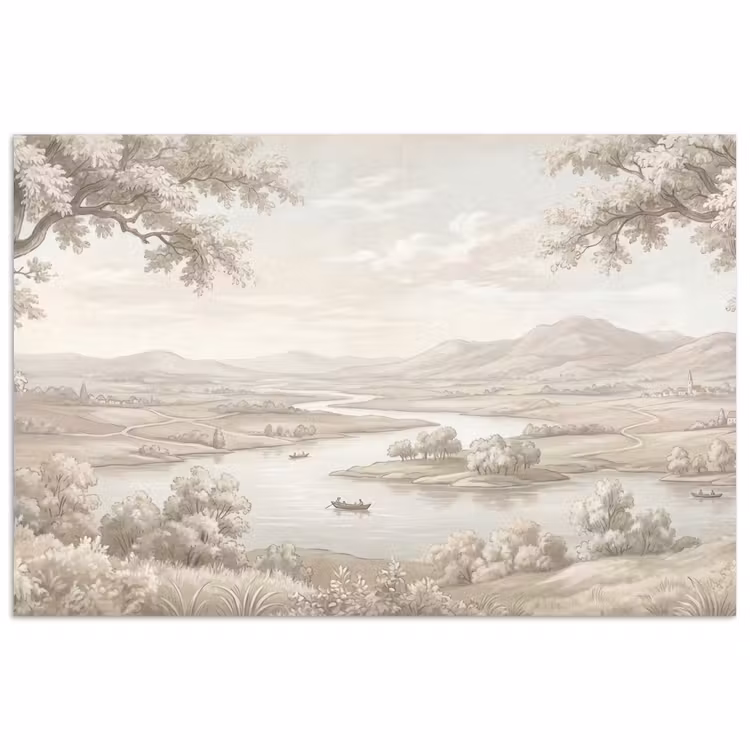 Rivierlandschap - Bergen - Natuur - Vintage - Beige poster papier klein -3d