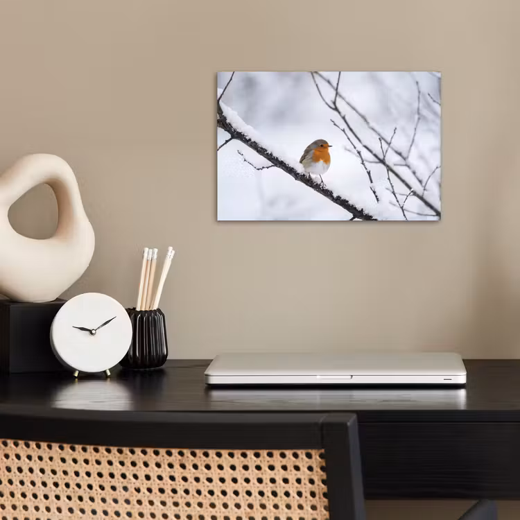 Roodborstje - Tak - Sneeuw - Winter - Levendig poster papier klein -sfeer1