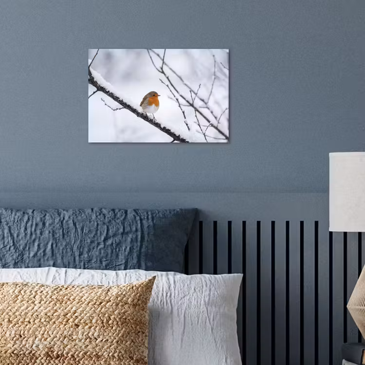 Roodborstje - Tak - Sneeuw - Winter - Levendig poster papier klein -sfeer2