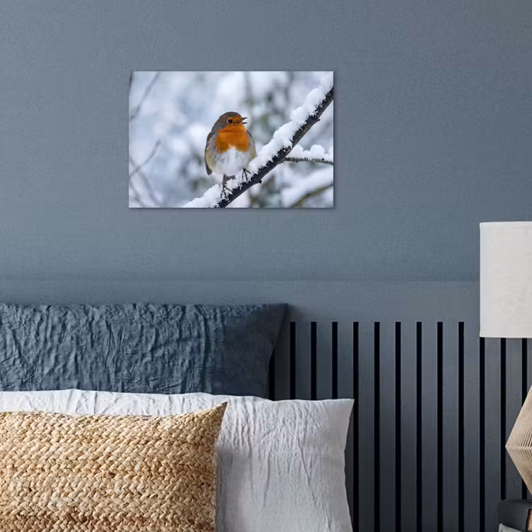 Roodborstje - Tak - Sneeuw - Winter - Levendig poster papier klein -sfeer2
