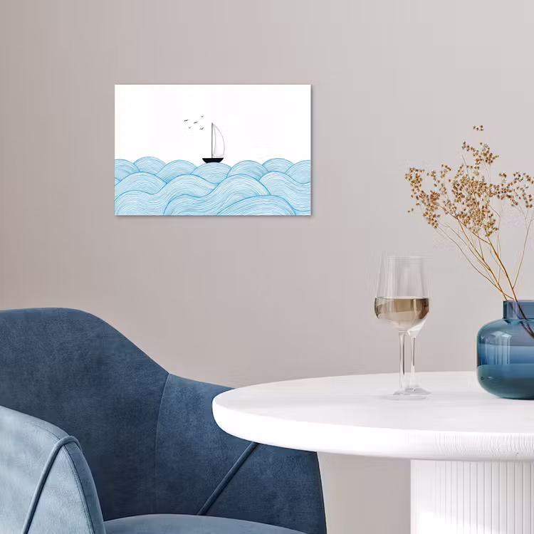 Zeilboot - Golven - Zee - Illustratie - Blauw poster papier klein -sfeer3