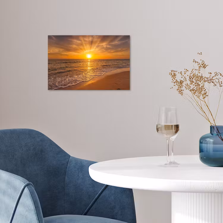 Zee - Zonsondergang - Golven - Kust - Oranje poster papier klein -sfeer3