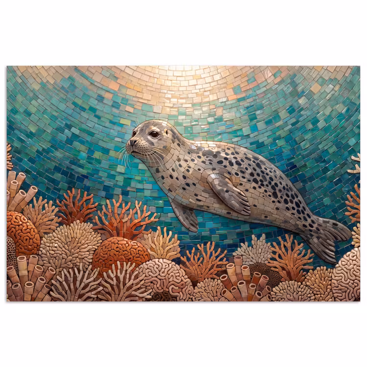 Zeehond - Mozaïek - Onderwater - Dieren - Blauw poster papier klein -3d