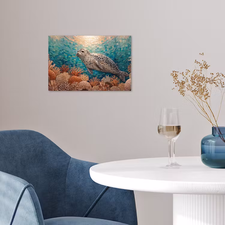 Zeehond - Mozaïek - Onderwater - Dieren - Blauw poster papier klein -sfeer3