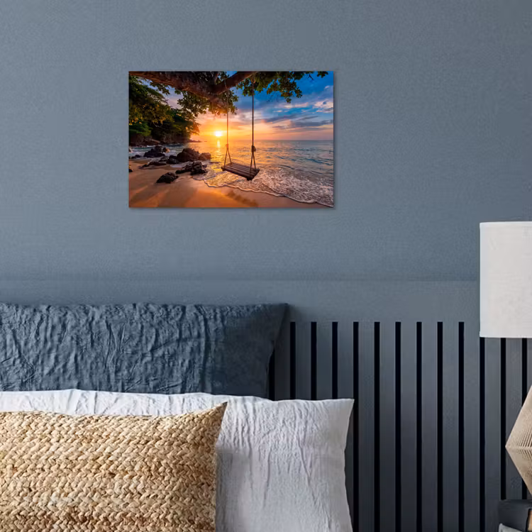 Schommel - Strand - Zonsondergang - Natuur - Oranje poster papier klein -sfeer2