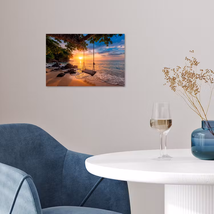 Schommel - Strand - Zonsondergang - Natuur - Oranje poster papier klein -sfeer3