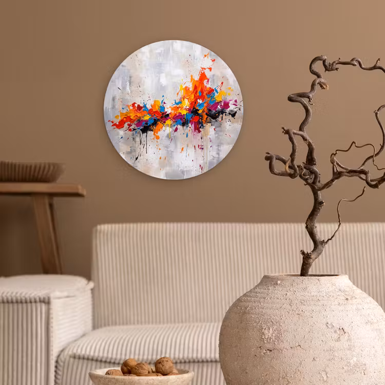 Abstract - Schilderij - Kleurrijk - Dynamisch Wandcirkel kunststof plaat 5mm dik klein -sfeer1