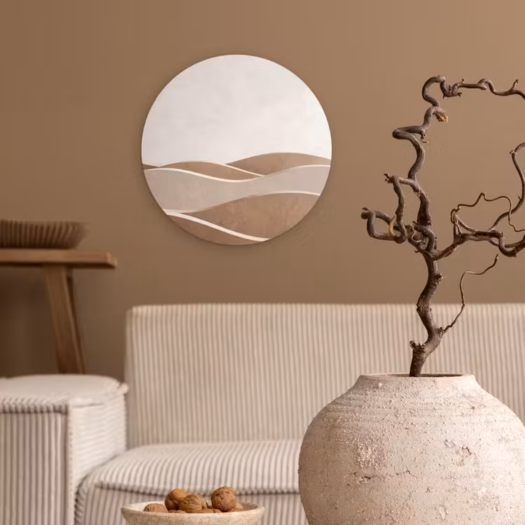 Abstract - Golven - Modern - Beige Wandcirkel kunststof plaat 5mm dik klein -sfeer1