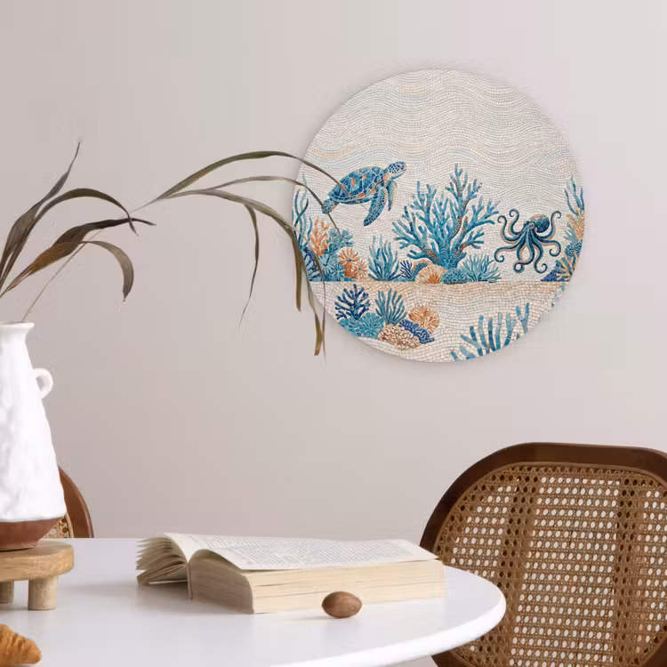 Dieren - Onderwater - Natuur - Mozaïek - Blauw Wandcirkel kunststof plaat 5mm dik klein -sfeer4