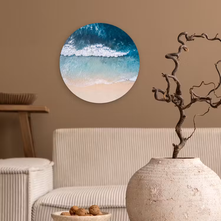 Strand - Zee - Golven - Natuur - Blauw Wandcirkel kunststof plaat 5mm dik klein -sfeer1