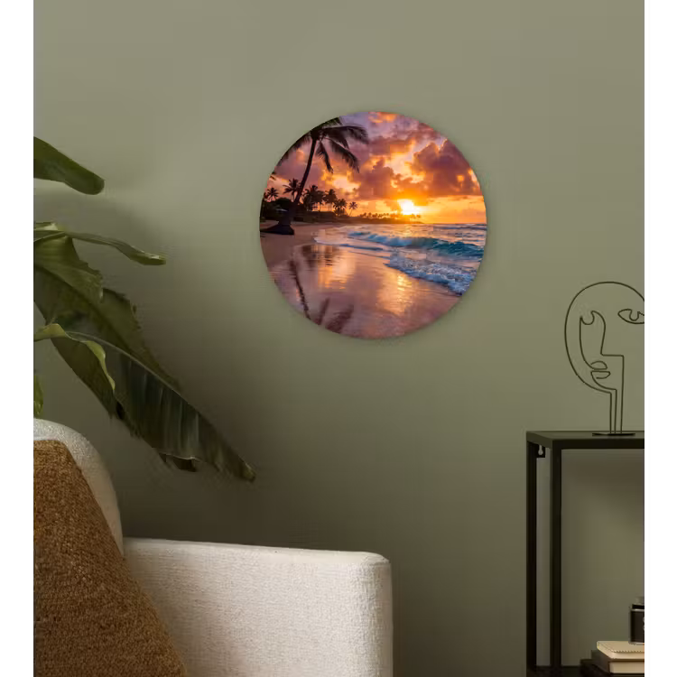 Strand - Zonsopgang - Tropisch - Natuur - Oranje Wandcirkel kunststof plaat 5mm dik klein -sfeer3