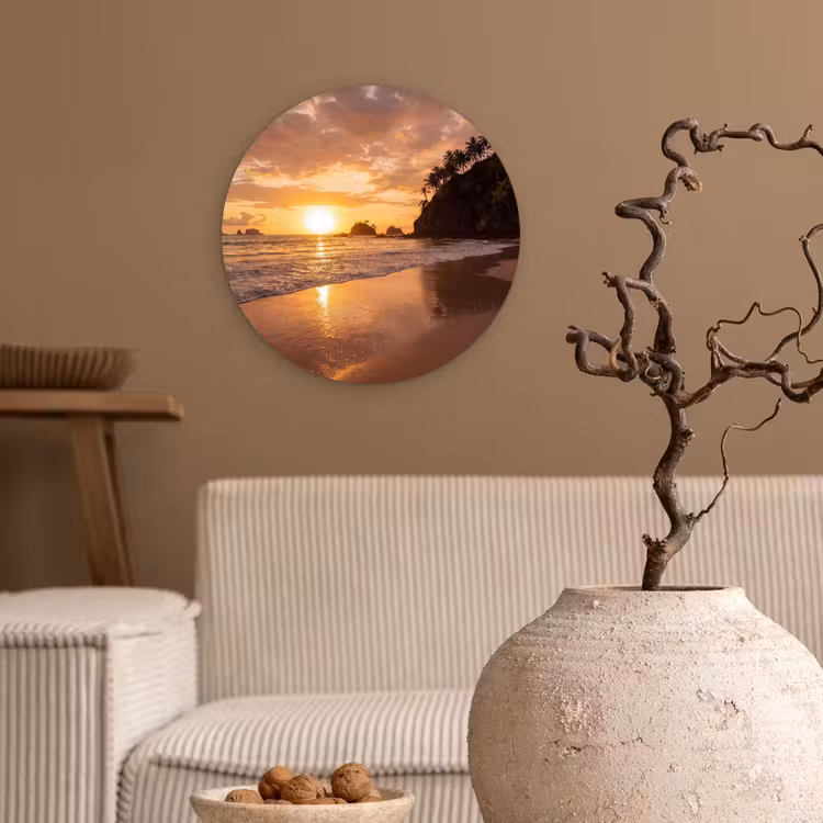 Strand - Zonsondergang - Natuur - Tropisch - Oranje Wandcirkel kunststof plaat 5mm dik klein -sfeer1