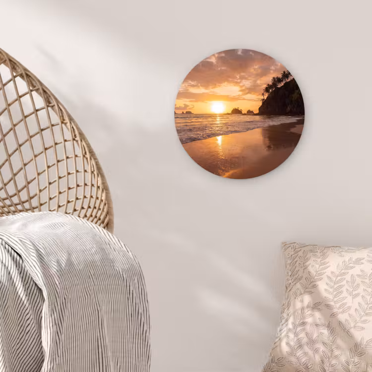 Strand - Zonsondergang - Natuur - Tropisch - Oranje Wandcirkel kunststof plaat 5mm dik klein -sfeer5