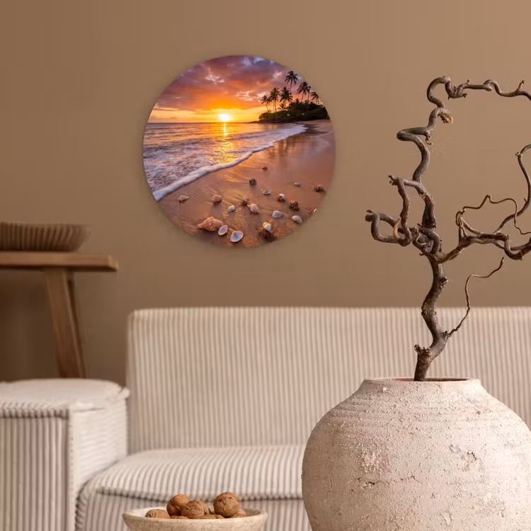 Strand - Zonsondergang - Palmbomen - Natuur - Oranje Wandcirkel kunststof plaat 5mm dik klein -sfeer1