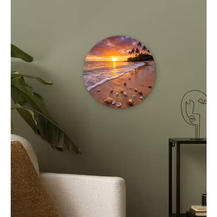 Strand - Zonsondergang - Palmbomen - Natuur - Oranje Wandcirkel kunststof plaat 5mm dik klein -sfeer3