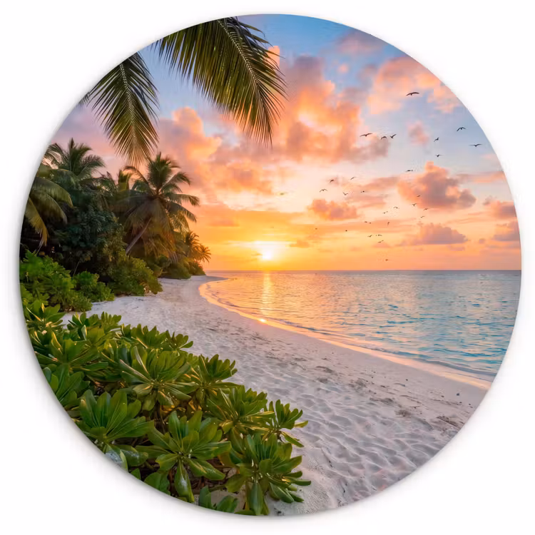 Strand - Zonsondergang - Palmbomen - Tropisch - Natuur Wandcirkel kunststof plaat 5mm dik klein -3d
