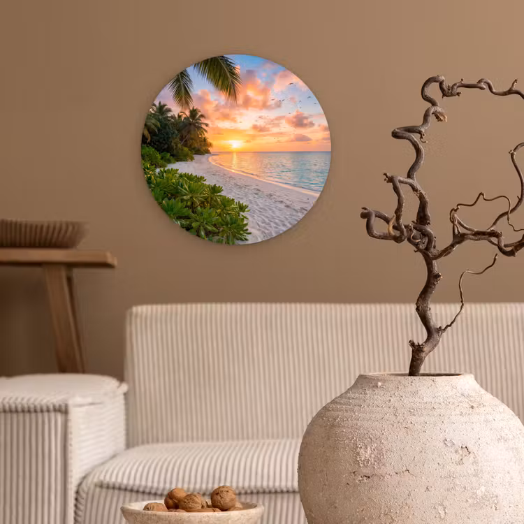 Strand - Zonsondergang - Palmbomen - Tropisch - Natuur Wandcirkel kunststof plaat 5mm dik klein -sfeer1