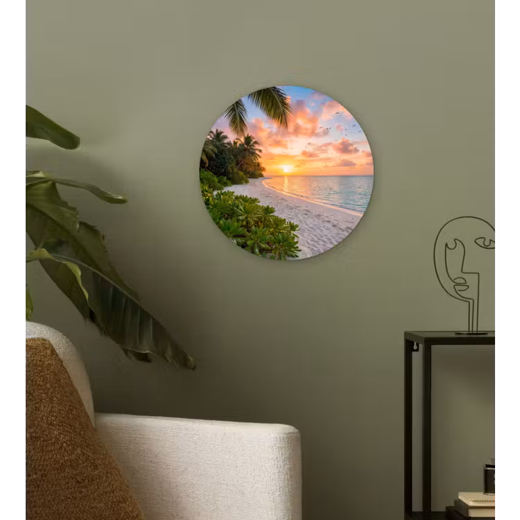 Strand - Zonsondergang - Palmbomen - Tropisch - Natuur Wandcirkel kunststof plaat 5mm dik klein -sfeer3