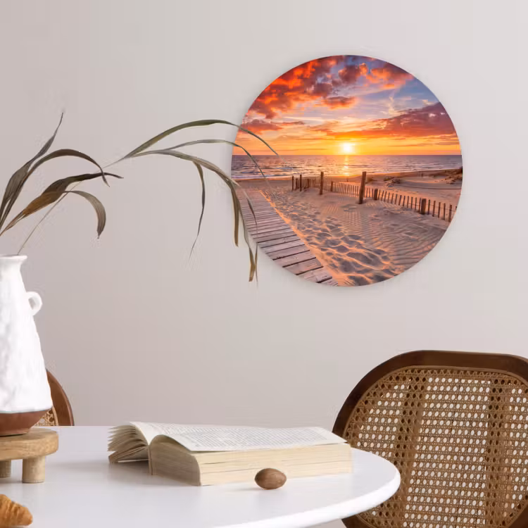 Strand - Zonsondergang - Zee - Natuur - Oranje Wandcirkel kunststof plaat 5mm dik klein -sfeer4