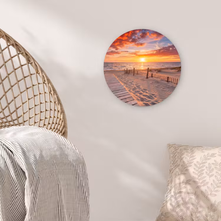 Strand - Zonsondergang - Zee - Natuur - Oranje Wandcirkel kunststof plaat 5mm dik klein -sfeer5