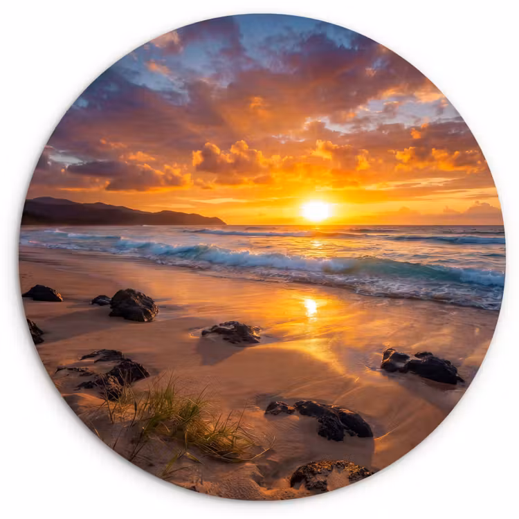 Strand - Zonsondergang - Golven - Natuur - Oranje Wandcirkel kunststof plaat 5mm dik klein -3d