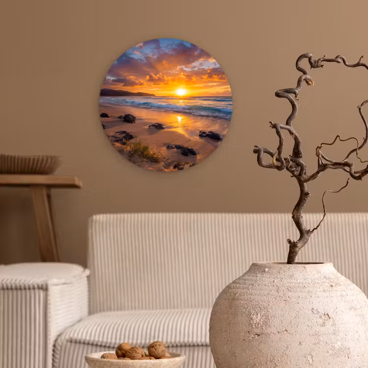 Strand - Zonsondergang - Golven - Natuur - Oranje Wandcirkel kunststof plaat 5mm dik klein -sfeer1