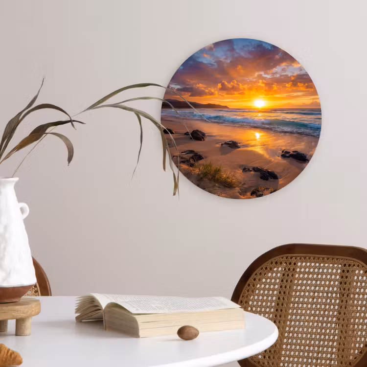 Strand - Zonsondergang - Golven - Natuur - Oranje Wandcirkel kunststof plaat 5mm dik klein -sfeer4