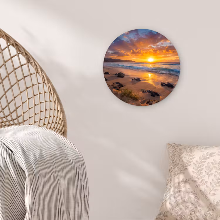 Strand - Zonsondergang - Golven - Natuur - Oranje Wandcirkel kunststof plaat 5mm dik klein -sfeer5