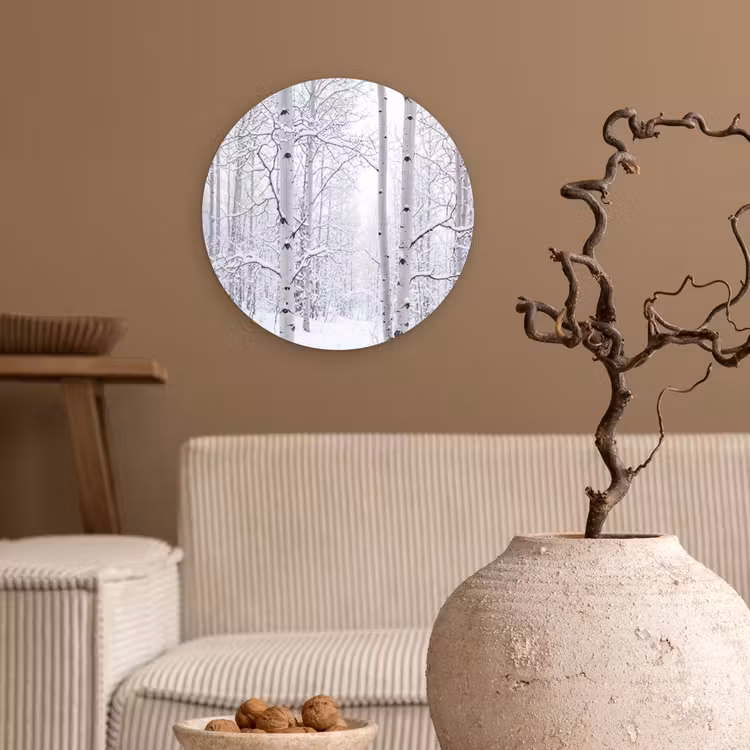 Berkenbomen - Sneeuw - Winter - Bos - Wit Wandcirkel kunststof plaat 5mm dik klein -sfeer1