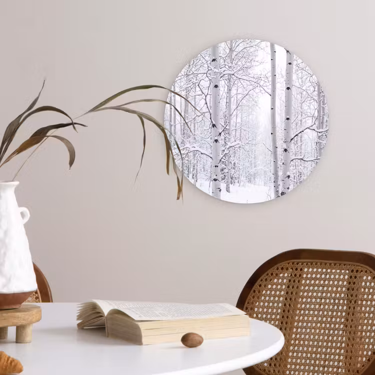 Berkenbomen - Sneeuw - Winter - Bos - Wit Wandcirkel kunststof plaat 5mm dik klein -sfeer4