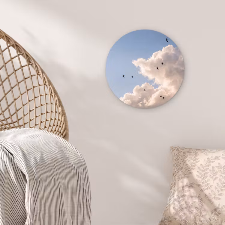 Vogel - Vlucht - Wolken - Natuur - Blauw Wandcirkel kunststof plaat 5mm dik klein -sfeer5
