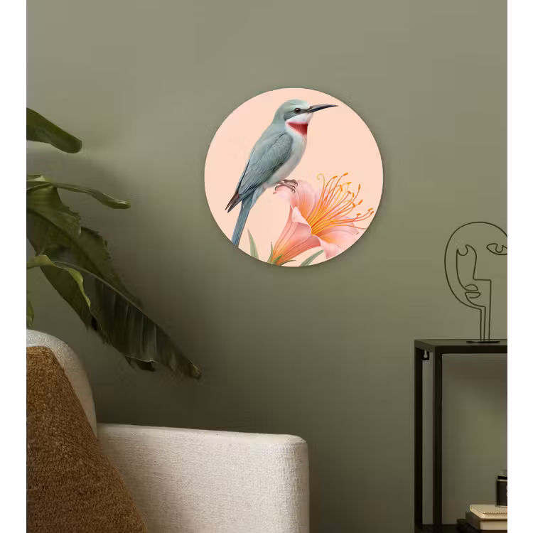 Vogel - Bloem - Natuur - Roze Wandcirkel kunststof plaat 5mm dik klein -sfeer3
