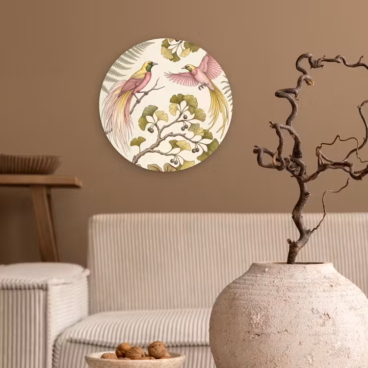Vogels - Tropisch - Botanisch - Roze Wandcirkel kunststof plaat 5mm dik klein -sfeer1