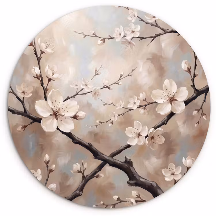 Bloesem - Takken - Schilderij - Beige - Serene Wandcirkel kunststof plaat 5mm dik klein -3d